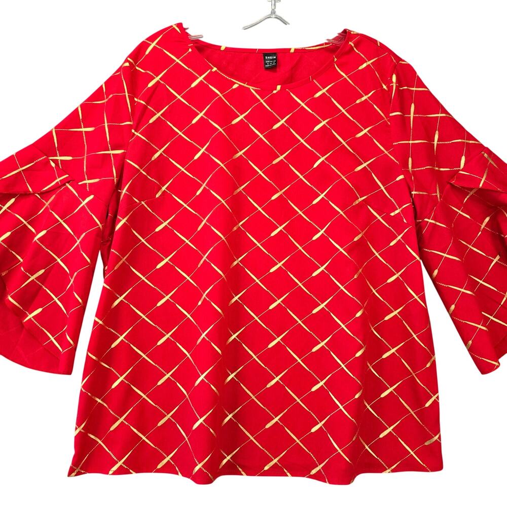 Shein Red Gold Shirt Geometric Diamond 3/4 Bell Sleeves Women Size XL Blouse Top